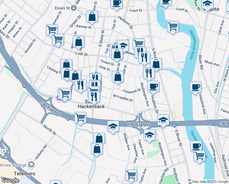 map of restaurants, bars, coffee shops, grocery stores, and more near 210 South Main Street in Hackensack