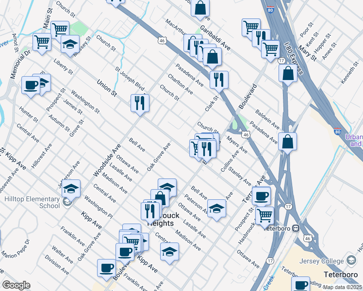 map of restaurants, bars, coffee shops, grocery stores, and more near 343 Union Street in Lodi