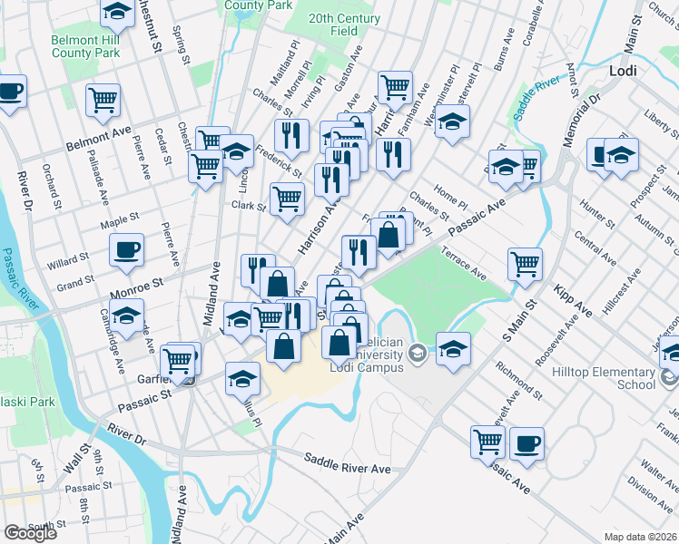 map of restaurants, bars, coffee shops, grocery stores, and more near 78 Westminster Place in Garfield