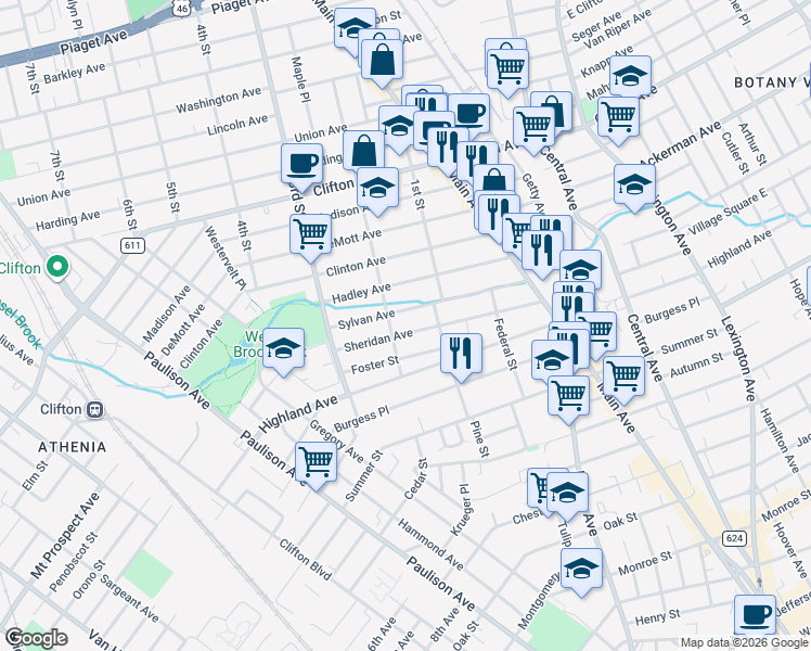 map of restaurants, bars, coffee shops, grocery stores, and more near 106 Sheridan Avenue in Clifton