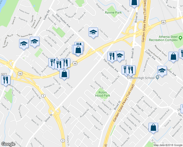 map of restaurants, bars, coffee shops, grocery stores, and more near 84 Pilgrim Drive in Clifton