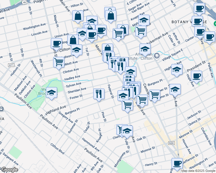 map of restaurants, bars, coffee shops, grocery stores, and more near 5 Federal Street in Clifton