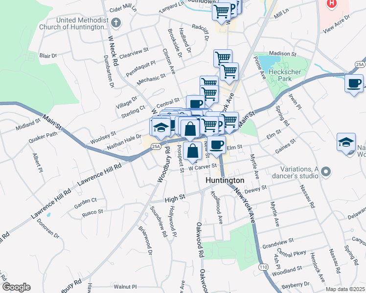 map of restaurants, bars, coffee shops, grocery stores, and more near 12 Prospect Street in Huntington
