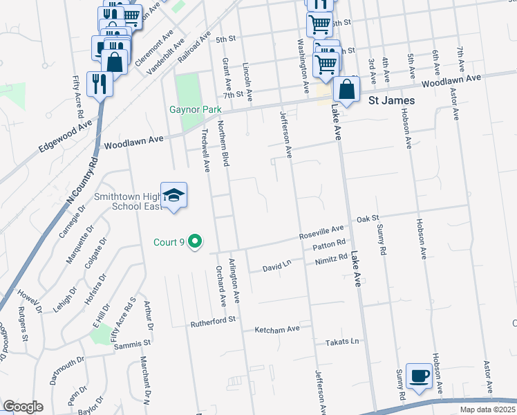 map of restaurants, bars, coffee shops, grocery stores, and more near 16 Wexford Court in Saint James