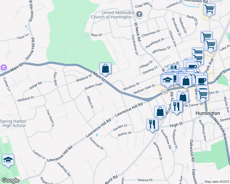 map of restaurants, bars, coffee shops, grocery stores, and more near 454 Main Street in Huntington