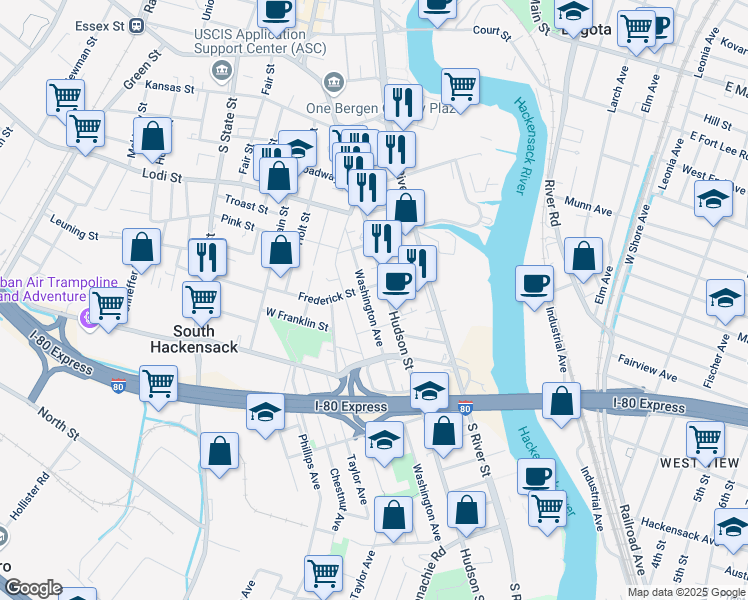 map of restaurants, bars, coffee shops, grocery stores, and more near 260 Washington Avenue in Hackensack