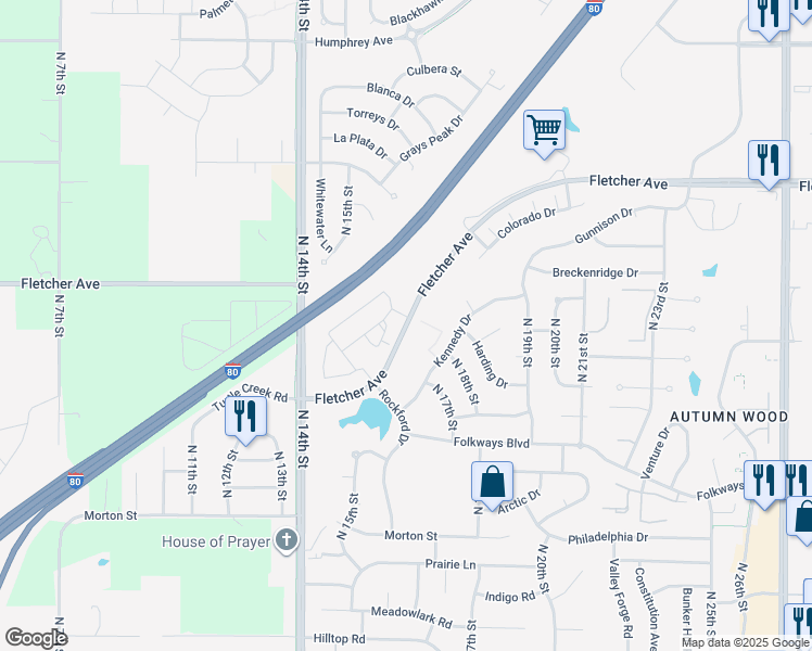 map of restaurants, bars, coffee shops, grocery stores, and more near 1760 Fletcher Avenue in Lincoln