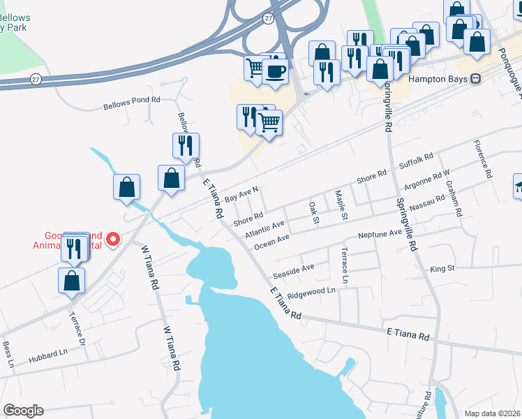 map of restaurants, bars, coffee shops, grocery stores, and more near 6 Vine Street in Hampton Bays