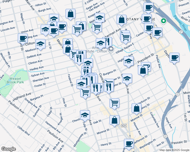 map of restaurants, bars, coffee shops, grocery stores, and more near 86 Burgess Place in Passaic
