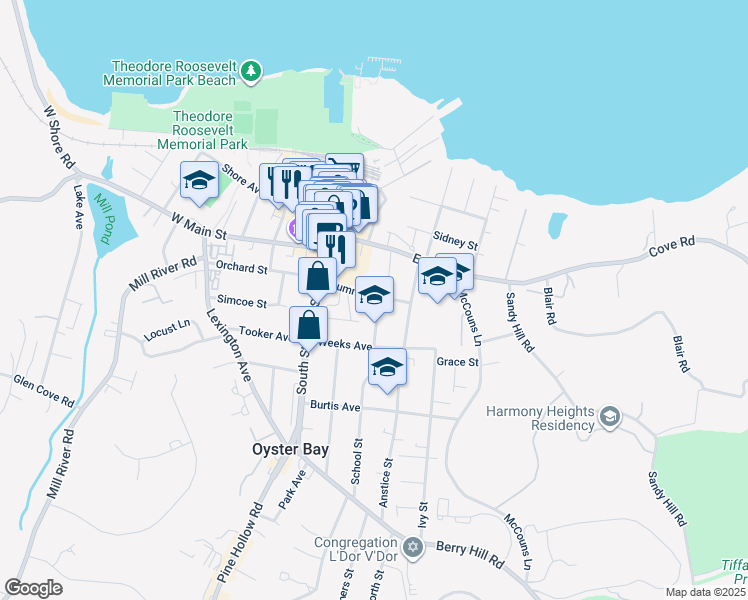 map of restaurants, bars, coffee shops, grocery stores, and more near 80 Summit Street in Oyster Bay
