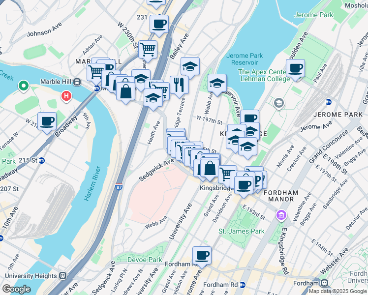 map of restaurants, bars, coffee shops, grocery stores, and more near 2730 Sedgwick Avenue in Bronx