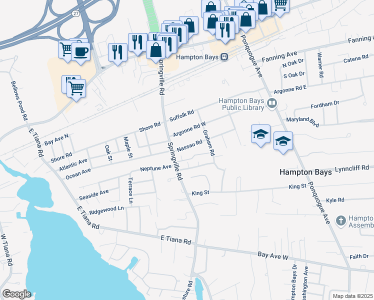 map of restaurants, bars, coffee shops, grocery stores, and more near 29 Nassau Road in Hampton Bays