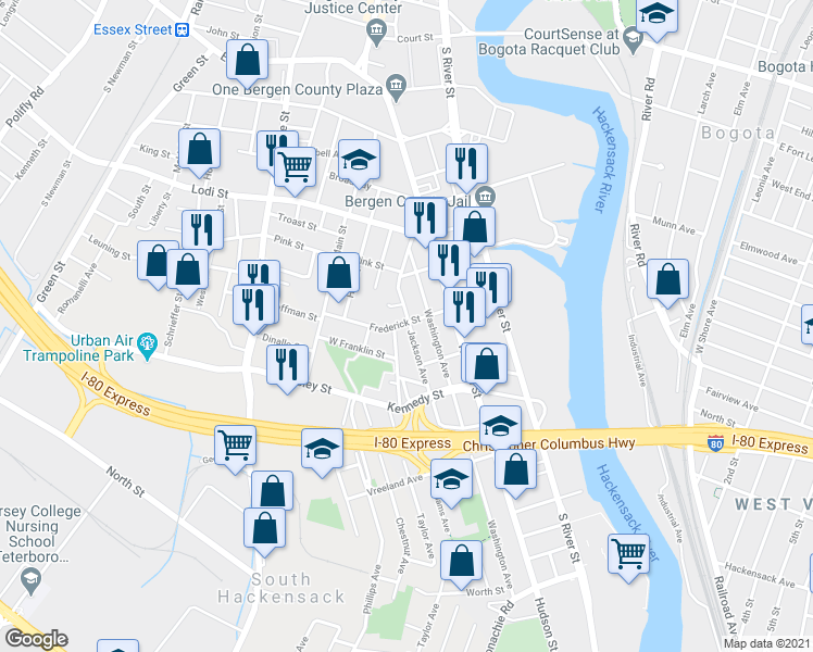map of restaurants, bars, coffee shops, grocery stores, and more near 247B Jackson Avenue in Hackensack