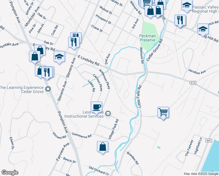 map of restaurants, bars, coffee shops, grocery stores, and more near 136 Anderson Pkwy in Cedar Grove