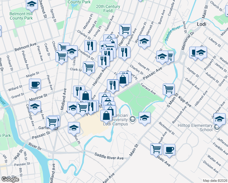 map of restaurants, bars, coffee shops, grocery stores, and more near 50 Garfield Avenue in Garfield