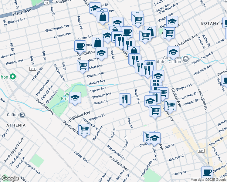 map of restaurants, bars, coffee shops, grocery stores, and more near 106 Sheridan Avenue in Clifton