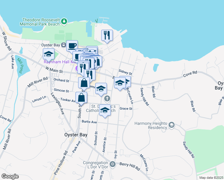 map of restaurants, bars, coffee shops, grocery stores, and more near 37 Anstice St in Oyster Bay