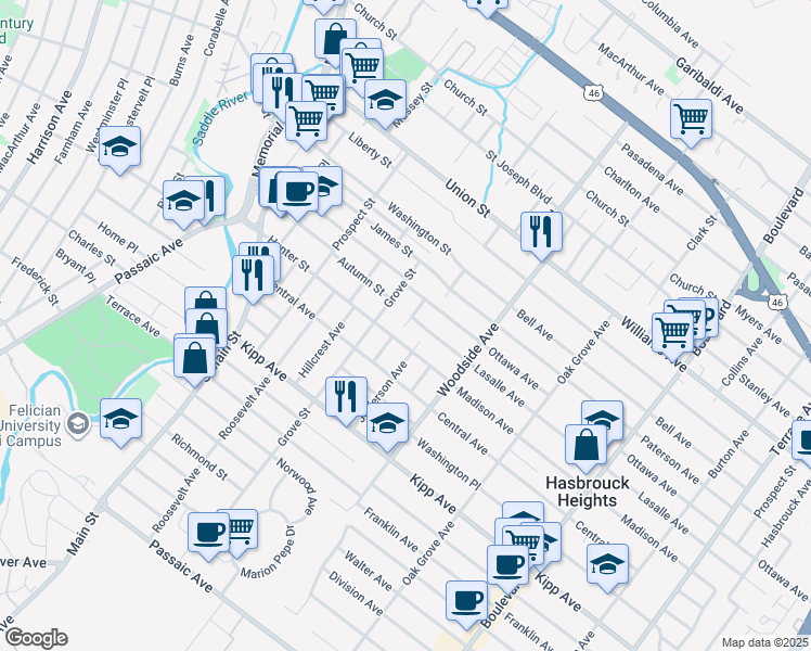 map of restaurants, bars, coffee shops, grocery stores, and more near 1 Austin Pl in Hasbrouck Heights