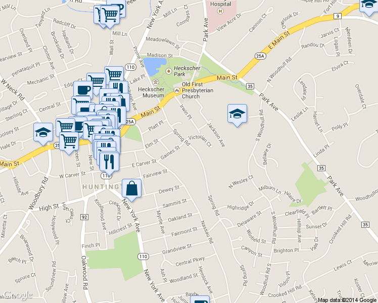 map of restaurants, bars, coffee shops, grocery stores, and more near 89 Spring Road in Huntington