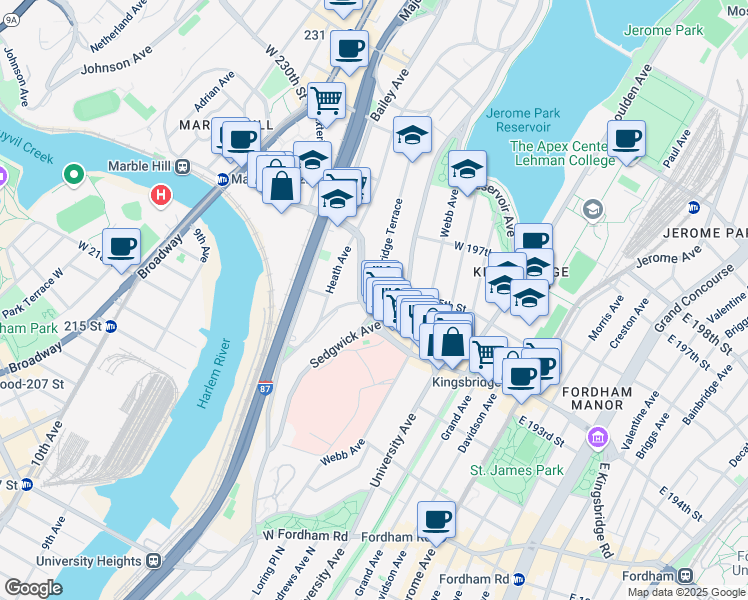 map of restaurants, bars, coffee shops, grocery stores, and more near 2678 Kingsbridge Terrace in The Bronx
