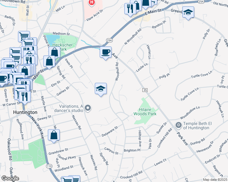 map of restaurants, bars, coffee shops, grocery stores, and more near 7 Chevy Chase Road in Huntington