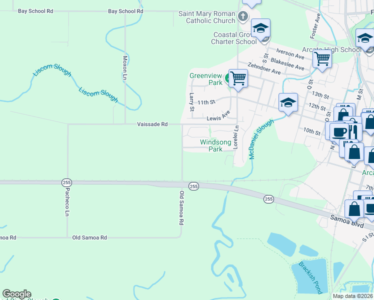 map of restaurants, bars, coffee shops, grocery stores, and more near 2379 Ariel Way in Arcata