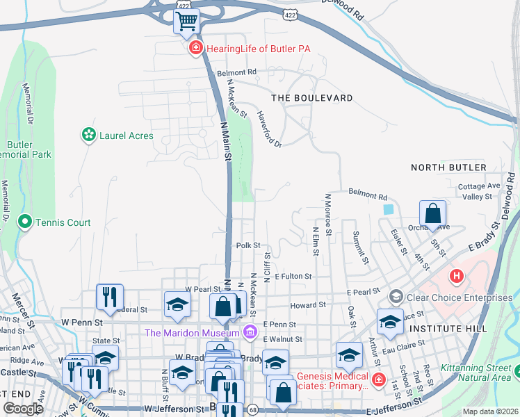 map of restaurants, bars, coffee shops, grocery stores, and more near 711 North Mc Kean Street in Butler
