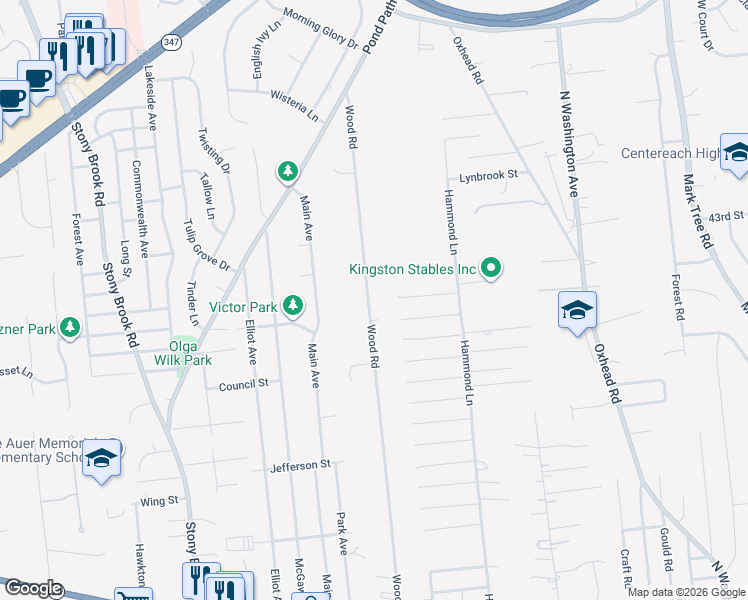 map of restaurants, bars, coffee shops, grocery stores, and more near 133 Wood Road in Centereach