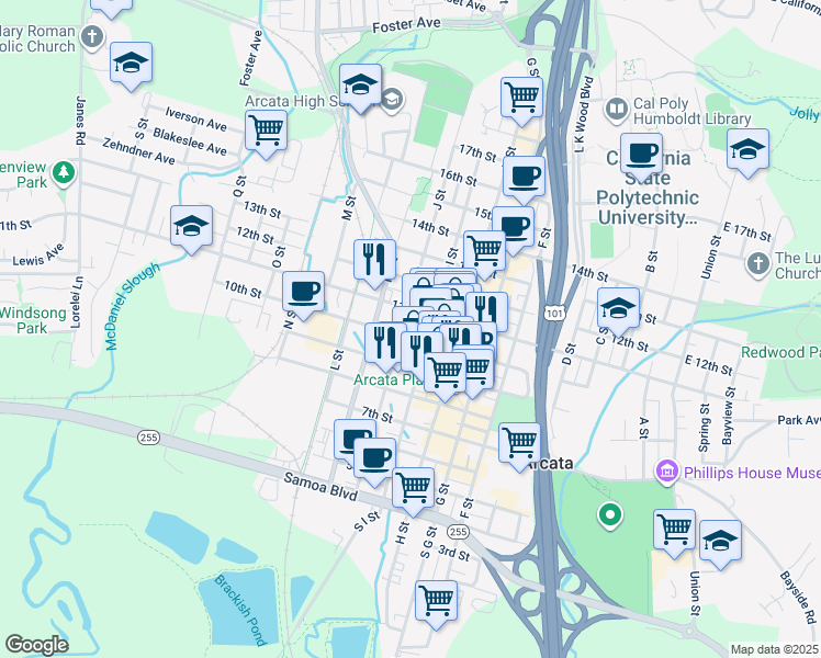 map of restaurants, bars, coffee shops, grocery stores, and more near 974 10th Street in Arcata