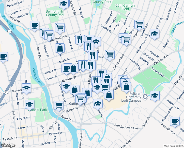 map of restaurants, bars, coffee shops, grocery stores, and more near in Garfield