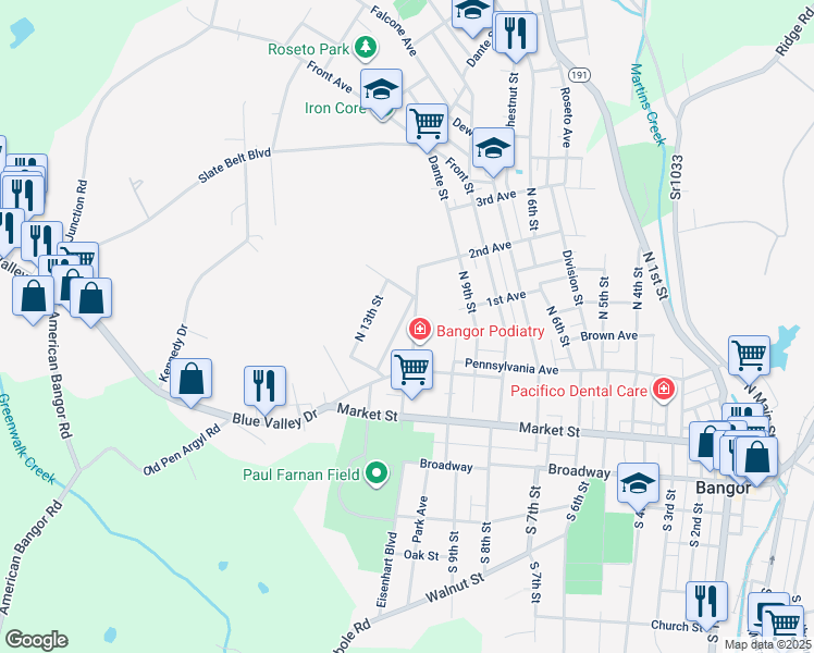 map of restaurants, bars, coffee shops, grocery stores, and more near 160 North 11th Street in Bangor