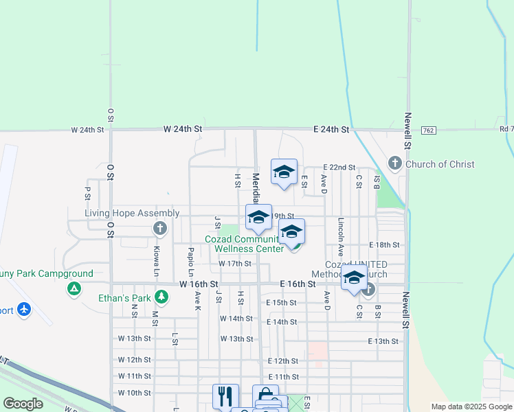 map of restaurants, bars, coffee shops, grocery stores, and more near 1910 Meridian Avenue in Cozad