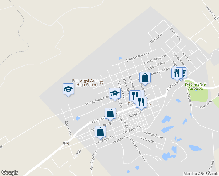 map of restaurants, bars, coffee shops, grocery stores, and more near 417 West Mountain Avenue in Pen Argyl