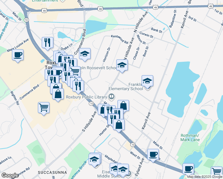 map of restaurants, bars, coffee shops, grocery stores, and more near 14 North Hillside Avenue in Roxbury Township