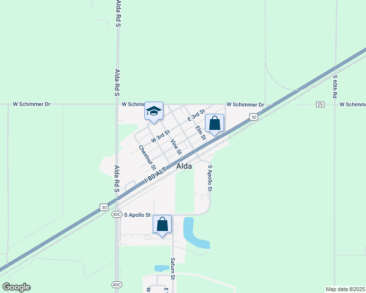 map of restaurants, bars, coffee shops, grocery stores, and more near 105 West Pine Street in Alda