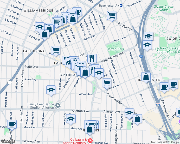 map of restaurants, bars, coffee shops, grocery stores, and more near 3047 Eastchester Road in Bronx