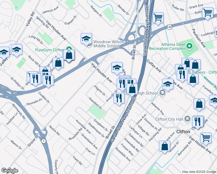 map of restaurants, bars, coffee shops, grocery stores, and more near 58 Thanksgiving Lane in Clifton
