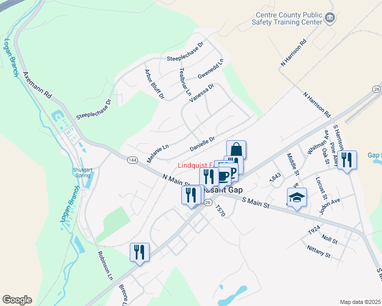 map of restaurants, bars, coffee shops, grocery stores, and more near 123 Danielle Drive in Bellefonte