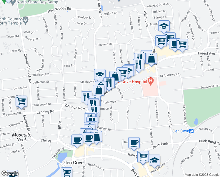 map of restaurants, bars, coffee shops, grocery stores, and more near 18 Forest Avenue in Glen Cove