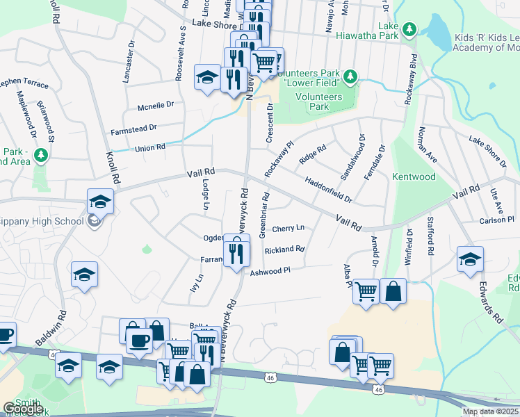 map of restaurants, bars, coffee shops, grocery stores, and more near 21 Greenbriar Road in Parsippany-Troy Hills