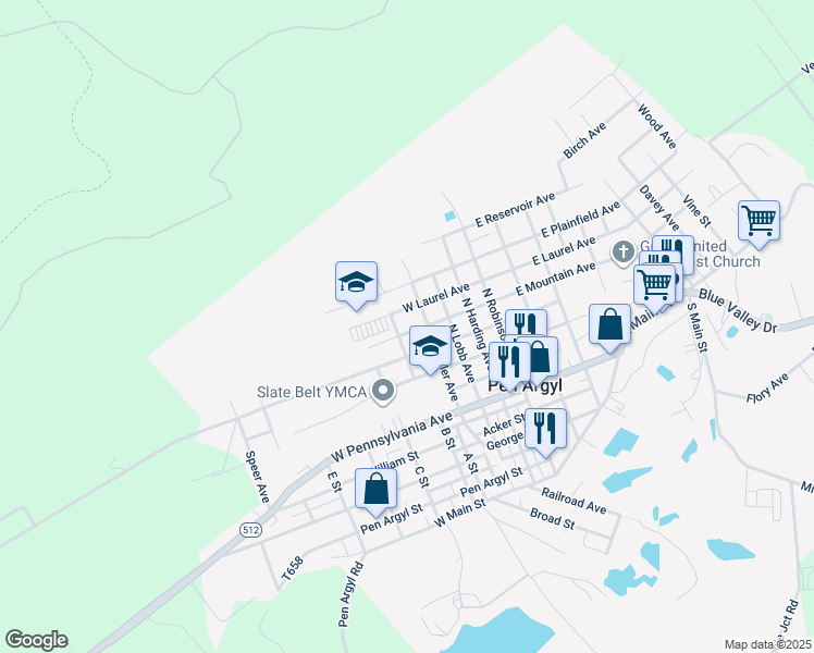 map of restaurants, bars, coffee shops, grocery stores, and more near 417 West Mountain Avenue in Pen Argyl
