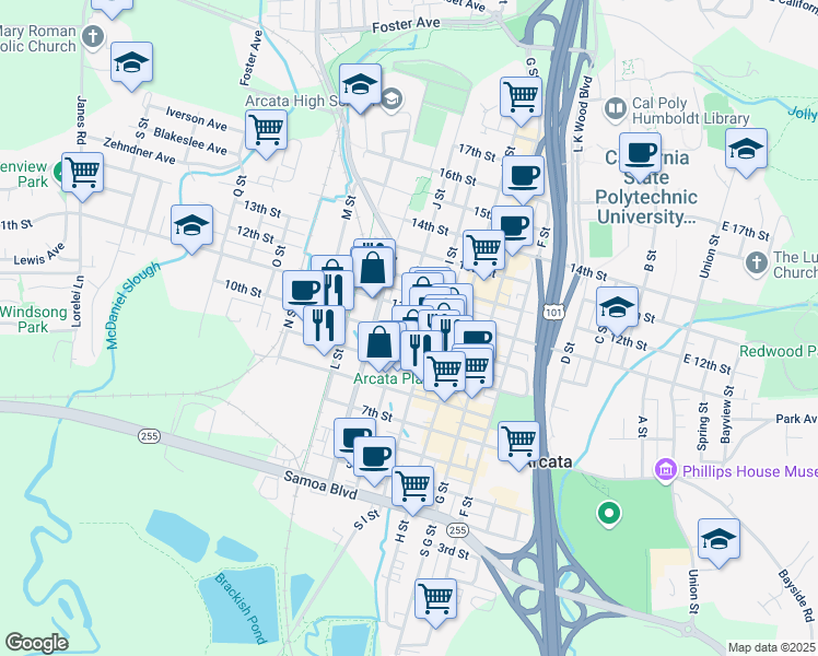 map of restaurants, bars, coffee shops, grocery stores, and more near 974 10th Street in Arcata