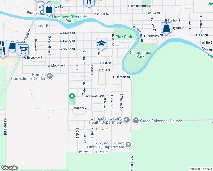 map of restaurants, bars, coffee shops, grocery stores, and more near 98 South Allen Street in Pontiac