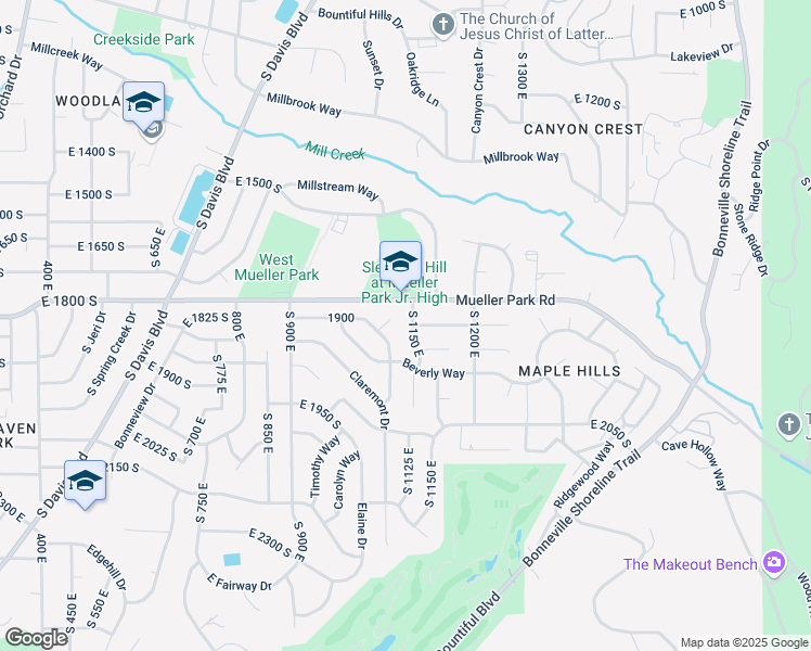 map of restaurants, bars, coffee shops, grocery stores, and more near 1846 South 1150 East in Bountiful
