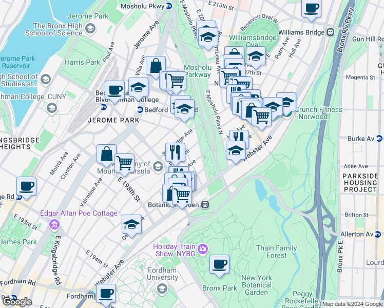 map of restaurants, bars, coffee shops, grocery stores, and more near in The Bronx