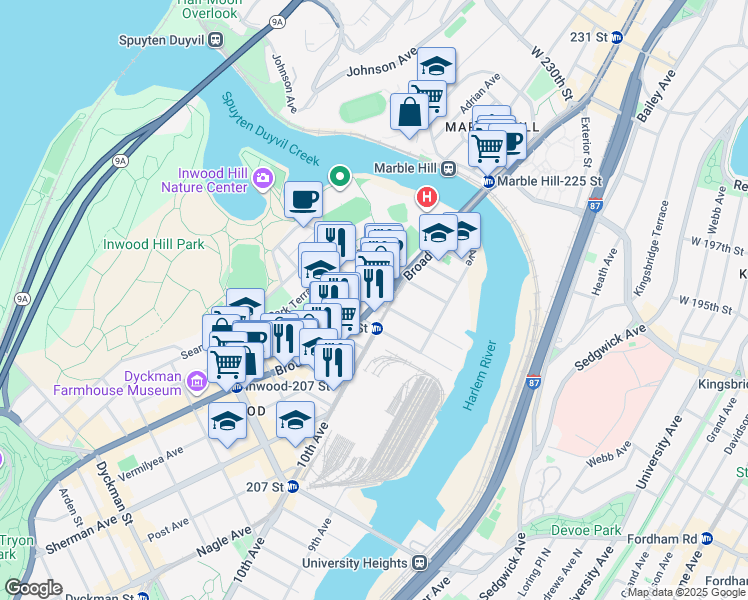 map of restaurants, bars, coffee shops, grocery stores, and more near 5065 Broadway in New York