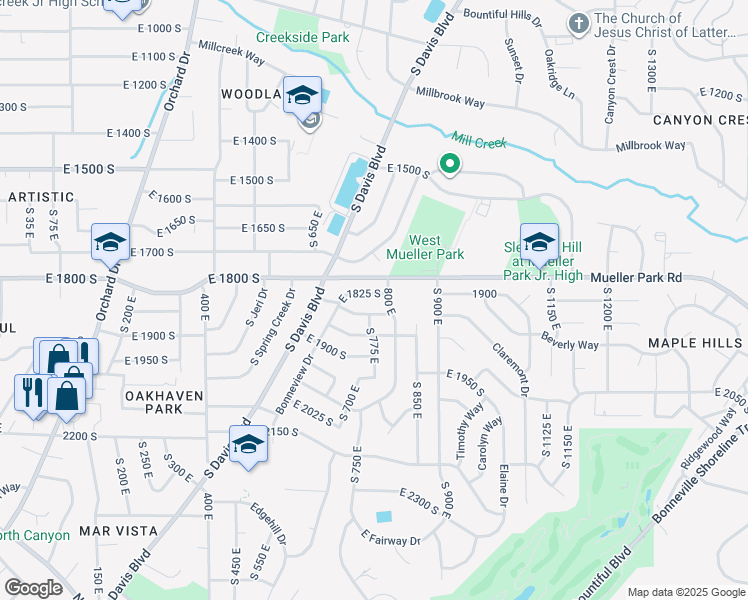 map of restaurants, bars, coffee shops, grocery stores, and more near 792 East 1825 South in Bountiful