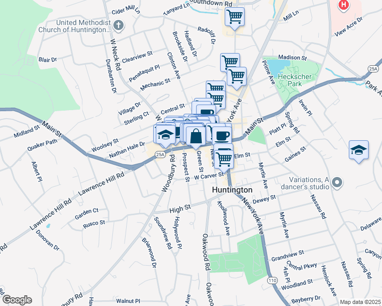 map of restaurants, bars, coffee shops, grocery stores, and more near 12 Prospect Street in Huntington