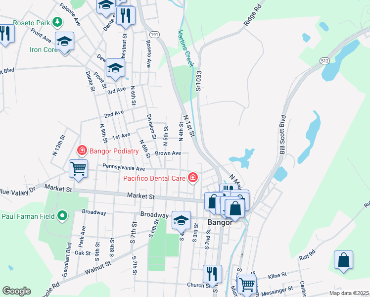 map of restaurants, bars, coffee shops, grocery stores, and more near 215 North 4th Street in Bangor