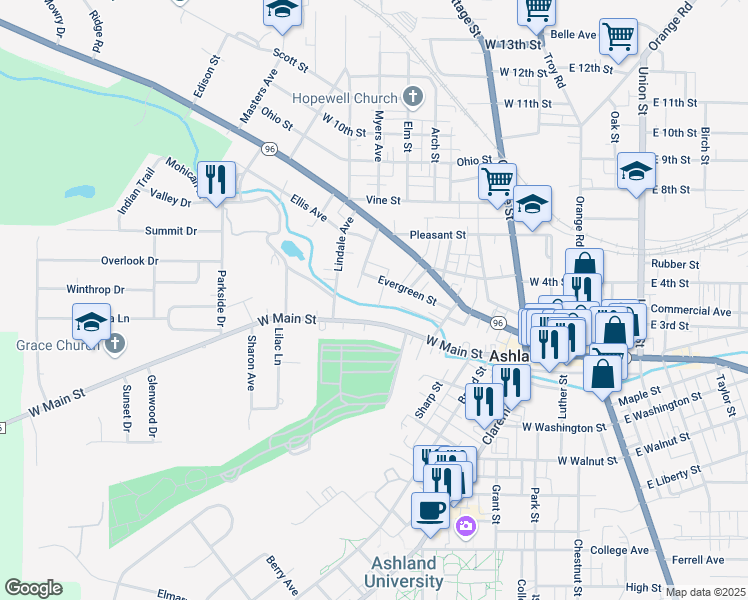map of restaurants, bars, coffee shops, grocery stores, and more near 10 Evergreen Court in Ashland